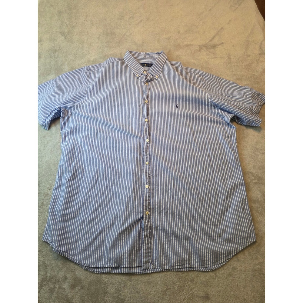 Ralph Lauren Button Down Shirt Mens 3XLT Blue Striped Short Sleeve Seersucker